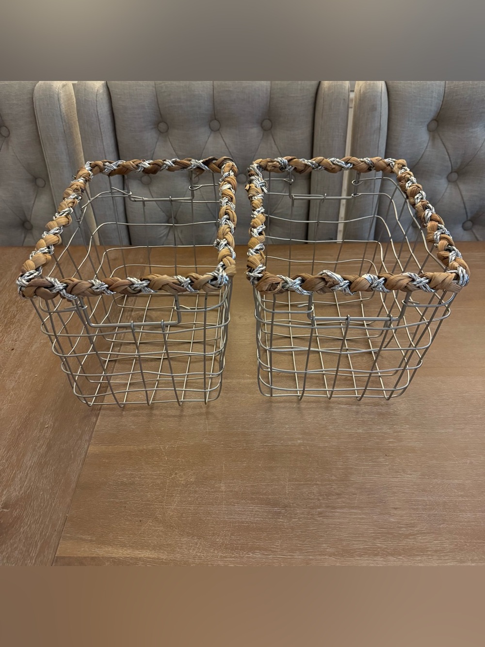 Set of 2 Metal Wire Storage Baskets Woven Natural & Silver Handles